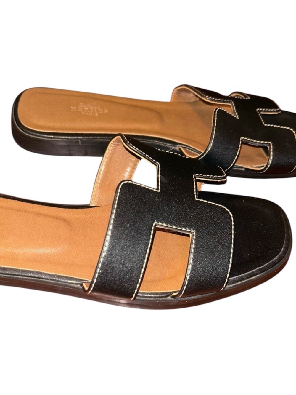 Hermes Oran Women's Slide US 8 Black Tan Calfskin Open Toe Casual Slip On Sandal - Picture 4 of 9